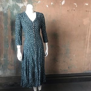 Vintage green calico dress corset back buttons